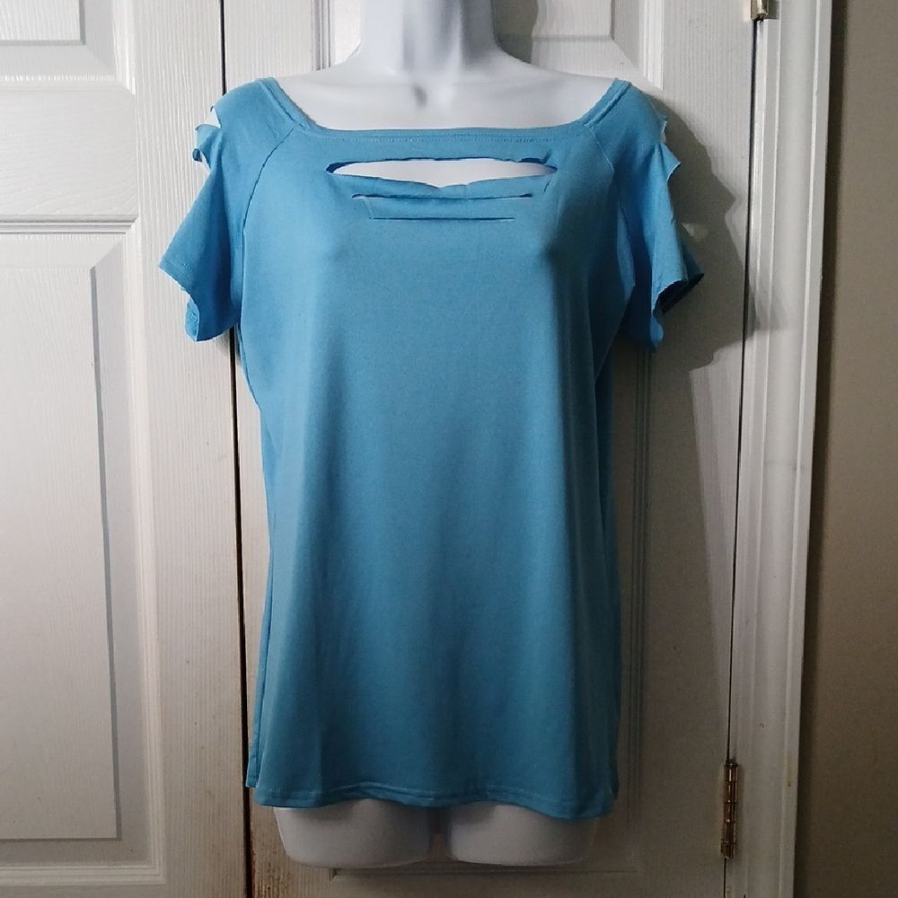 Sexy turquoise bodycon cut out slashed top  Sz 2XL